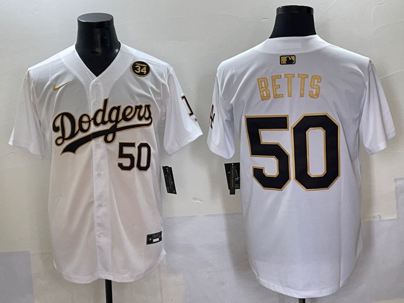 Men 2025 Los Angeles Dodgers #50 Betts White Gold Nike MLB Jersey style 6278->los angeles dodgers->MLB Jersey